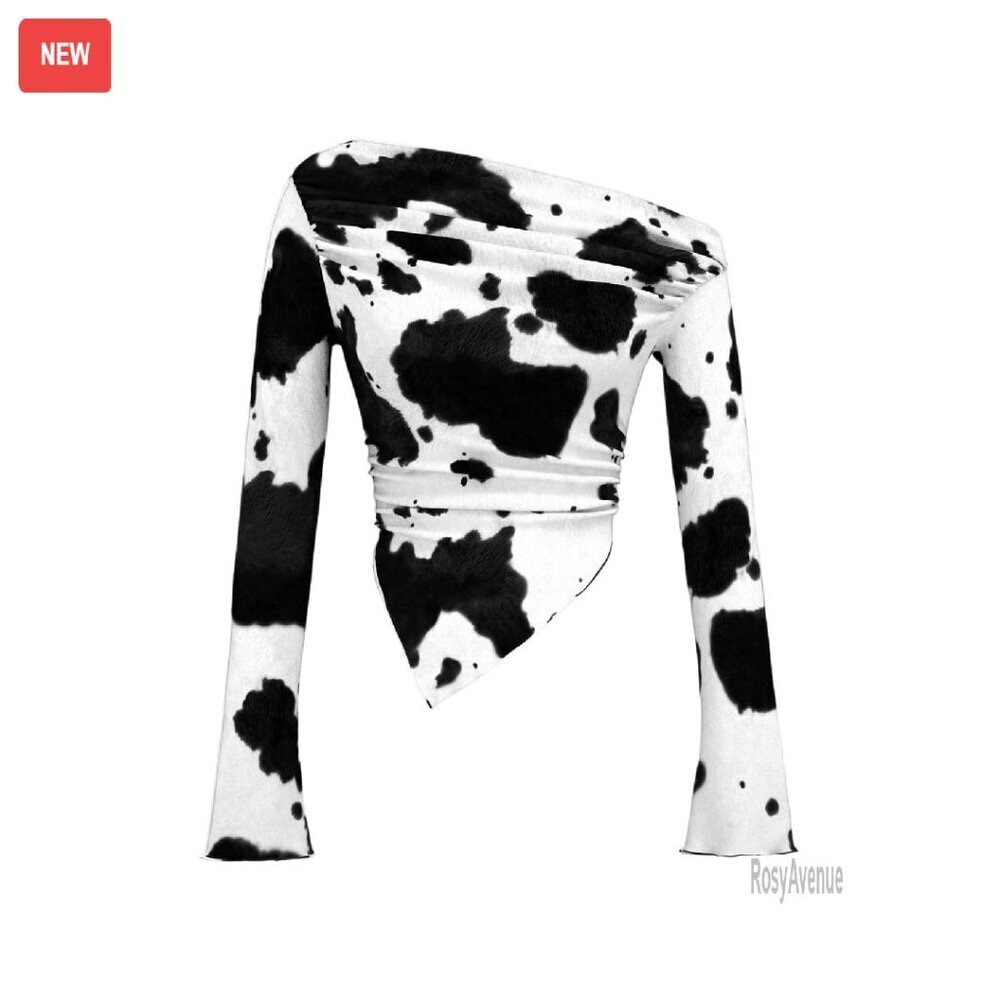 One Shoulder Cow Print Crop Top Long Bell Sleeves Ruched Asymmetrical